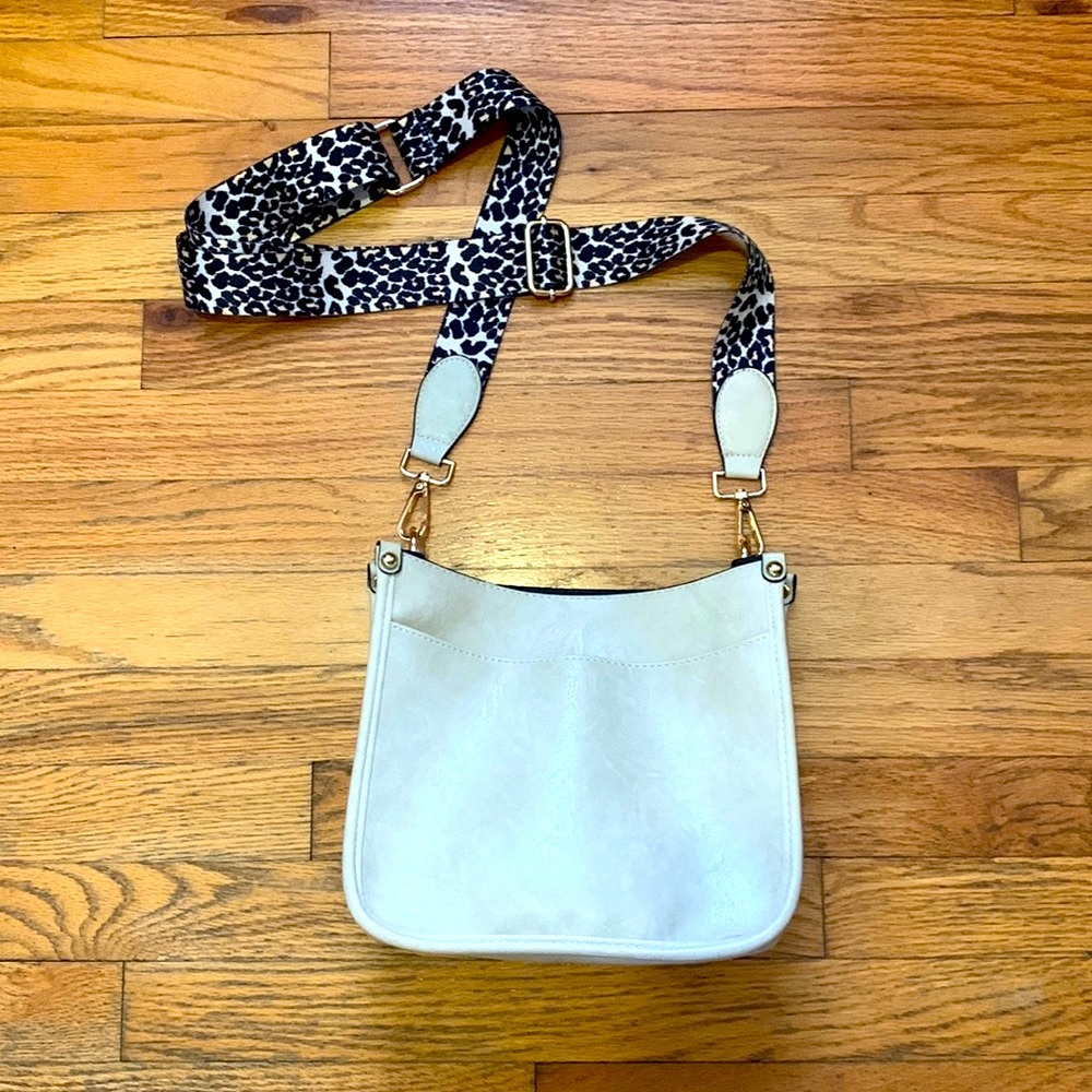 Cream vegan leather cross body bag purse leopard print adjustable strap